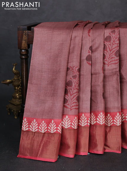 Pure tussar silk saree pastel peach and maroon with floral butta prints and zari woven border