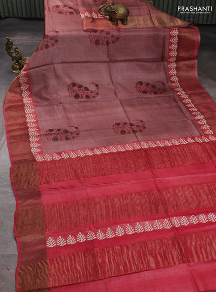 Pure tussar silk saree pastel peach and maroon with floral butta prints and zari woven border
