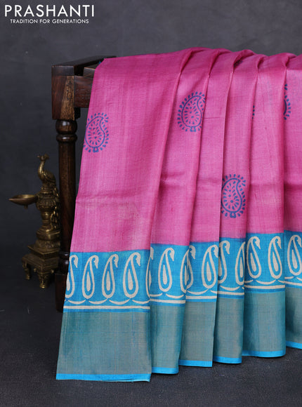 Pure tussar silk saree light pink and cs blue with paisley butta prints and long printed zari woven border