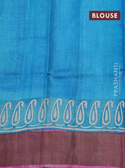 Pure tussar silk saree light pink and cs blue with paisley butta prints and long printed zari woven border