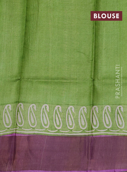 Pure tussar silk saree purple and light green with paisley butta prints and long printed zari woven border