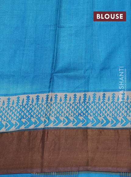 Pure tussar silk saree coffee brown and beige cs blue with plain body and long printed zari woven border