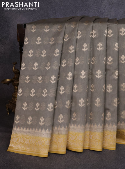 Banarasi silk cotton saree grey and mustard yellow with allover thread & zari woven buttas and woven border