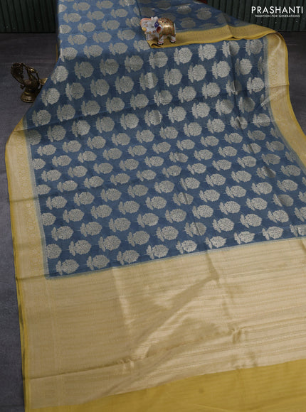 Banarasi silk cotton saree bluish grey and mustard yellow with allover thread & zari woven buttas and woven border