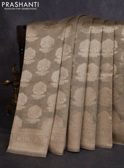 Banarasi silk cotton saree beige with allover thread & zari woven buttas and woven border