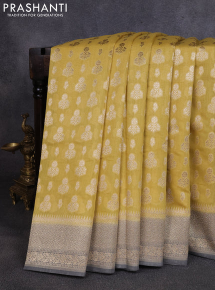 Banarasi silk cotton saree mustard yellow and grey with allover thread & zari woven buttas and woven border
