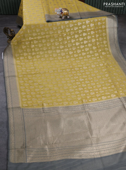 Banarasi silk cotton saree mustard yellow and grey with allover thread & zari woven buttas and woven border