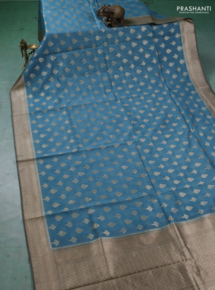 Banarasi silk cotton saree pastel blue and grey with allover thread & zari woven buttas and woven border