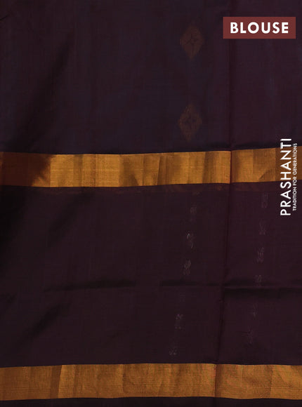 Pure uppada silk saree peacock blue and coffee brown with silver zari woven buttas and long zari woven butta border