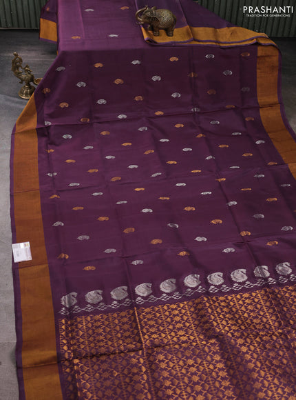 Pure uppada silk saree wine shade with silver & gold zari woven paisley buttas and zari woven border