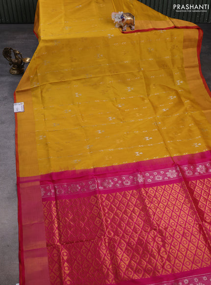 Pure uppada silk saree yellow and pink with allover zari wweaves & buttas and zari woven border