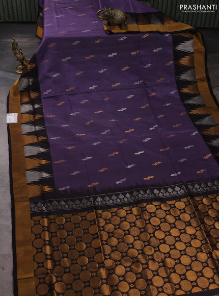 Pure uppada silk saree pastel violet and coffee brown with silver & gold zari woven buttas and temple zari woven border