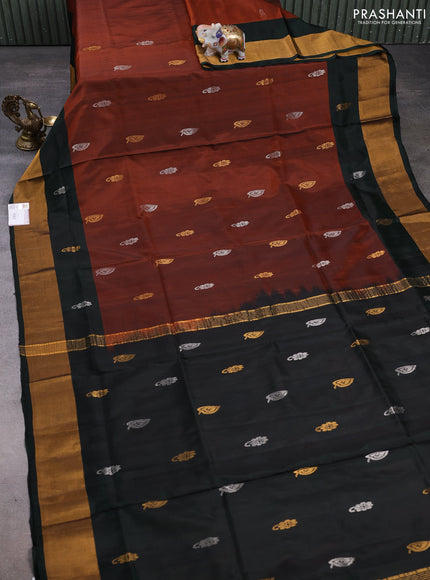 Pure uppada silk saree rust shade and bottle green with silver & gold zari woven buttas and zari woven border