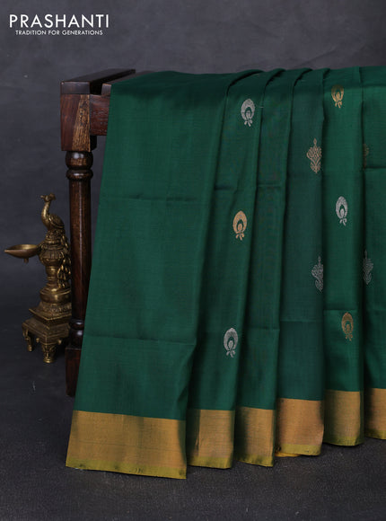 Pure uppada silk saree green and mustard yellow with silver & gold zari woven buttas and zari woven border