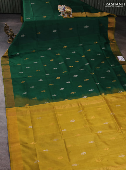Pure uppada silk saree green and mustard yellow with silver & gold zari woven buttas and zari woven border