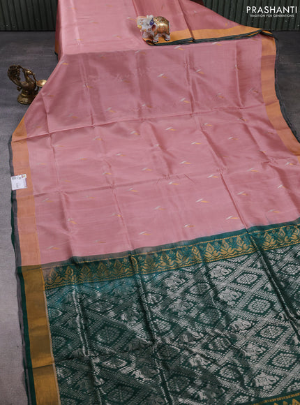 Pure uppada silk saree pastel peach and bottle green with silver & gold zari woven buttas and zari woven border