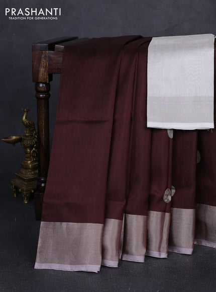 Pure uppada silk saree coffee brown and pastel grey with silver zari woven coin buttas and silver zari woven border