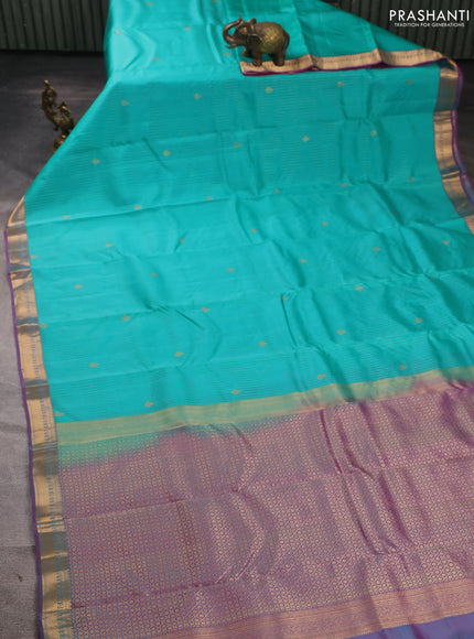 Kanchipuram silk saree teal green and dual shade of purple with allover zari woven stripes & buttas and zari woven border