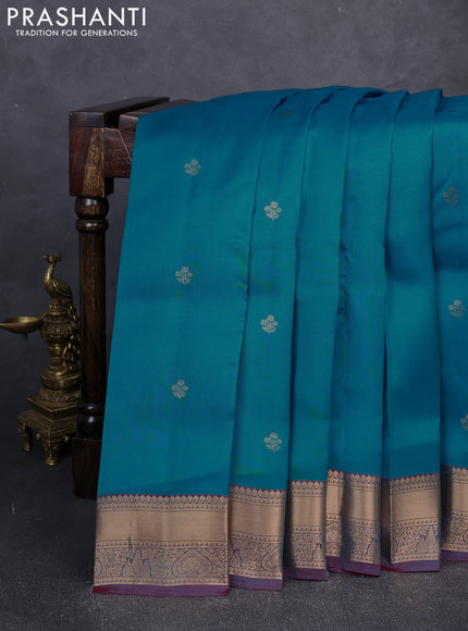 Kanchipuram silk saree cs blue and dual shade of red with zari woven buttas and zari woven border