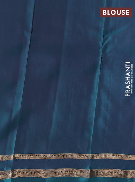 Kanchipuram silk saree deep purple and peacock green with allover zari woven stripes & buttas and rettapet zari woven border