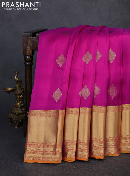 Kanchipuram silk saree pink and mustard yellow with allover zari woven buttas and long rich zari woven border