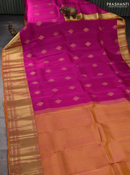 Kanchipuram silk saree pink and mustard yellow with allover zari woven buttas and long rich zari woven border
