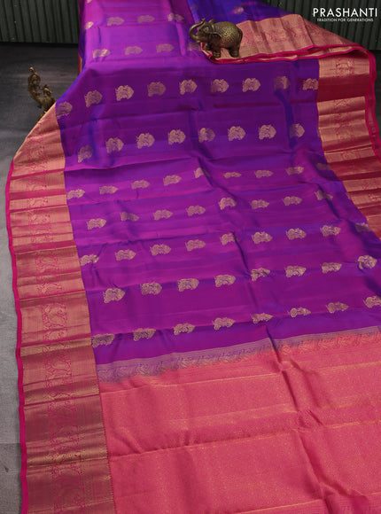Kanchipuram silk saree purple and pink with peacock zari woven buttas and long zari woven border