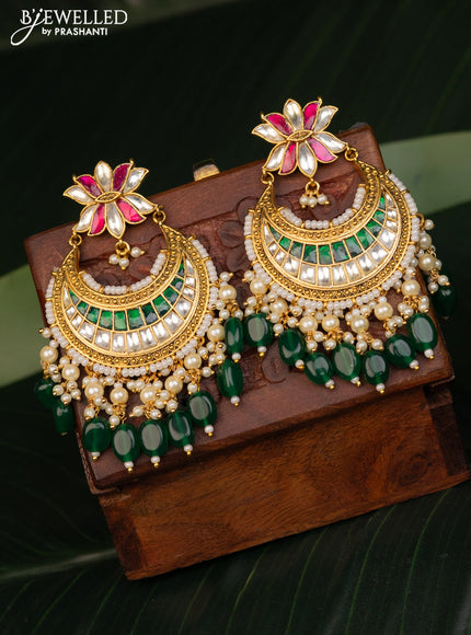 Antique earring chandbali & lotus design with kemp pachi kundan stones and pearl & green beads hanging