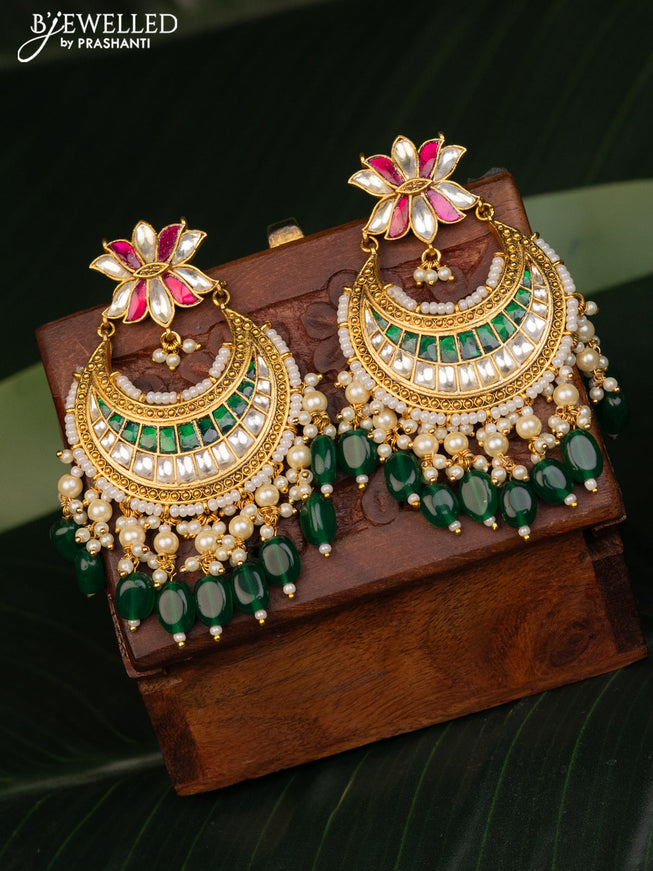 Antique earring chandbali & lotus design with kemp pachi kundan stones and pearl & green beads hanging