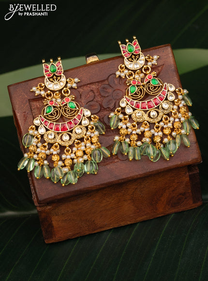 Antique earring chandbali design with kemp pachi kundan stones and pearl & beads hanging