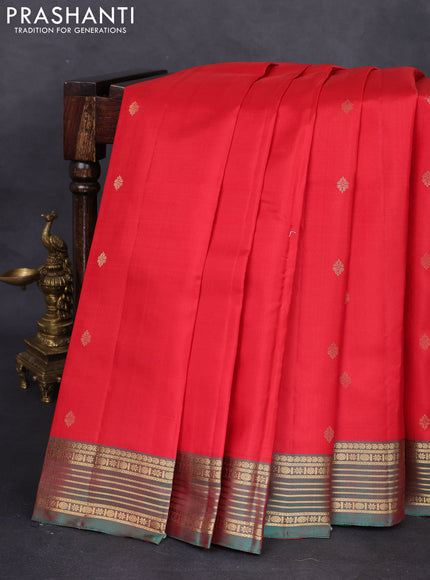 Pure kanchipuram silk saree red and teal green with zari woven buttas and zari woven border