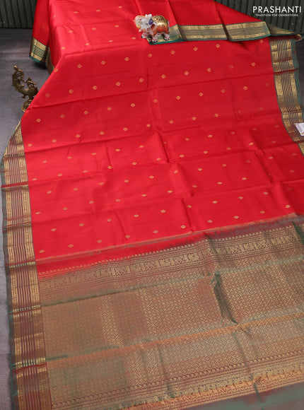 Pure kanchipuram silk saree red and teal green with zari woven buttas and zari woven border