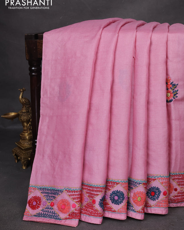 Pure tussar silk saree light pink with embrioidery work buttas and kantha stitch work pallu