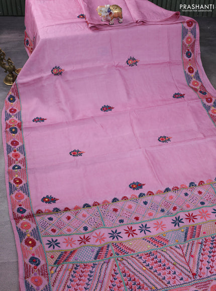 Pure tussar silk saree light pink with embrioidery work buttas and kantha stitch work pallu