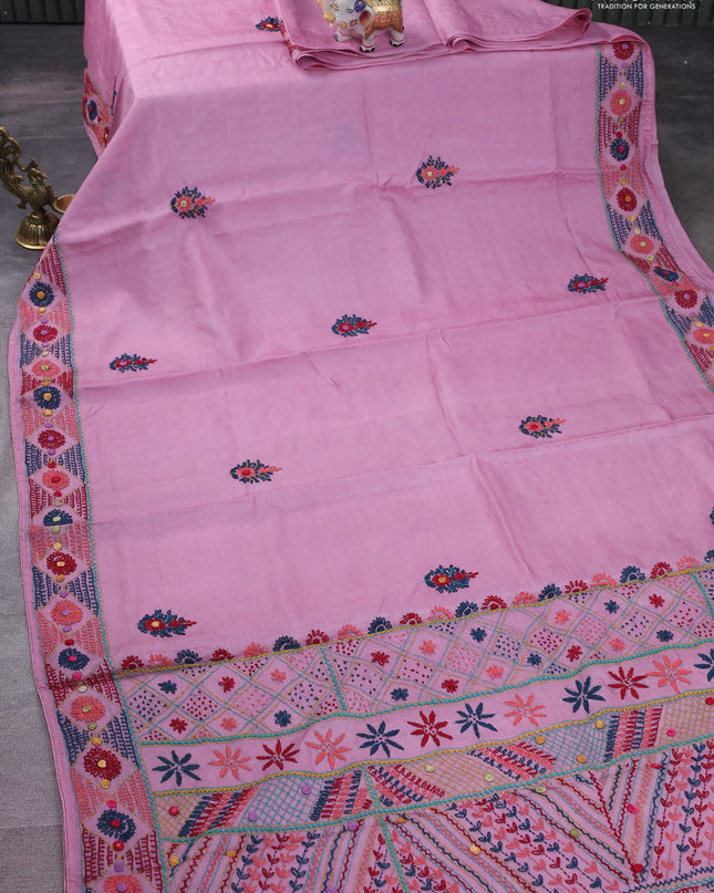 Pure tussar silk saree light pink with embrioidery work buttas and kantha stitch work pallu