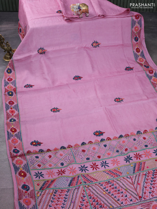 Pure tussar silk saree light pink with embrioidery work buttas and kantha stitch work pallu