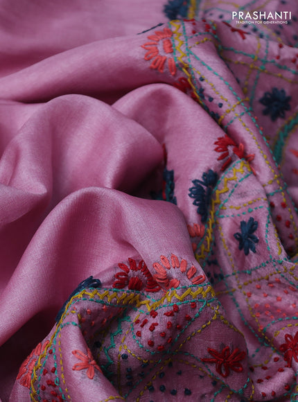 Pure tussar silk saree light pink with embrioidery work buttas and kantha stitch work pallu