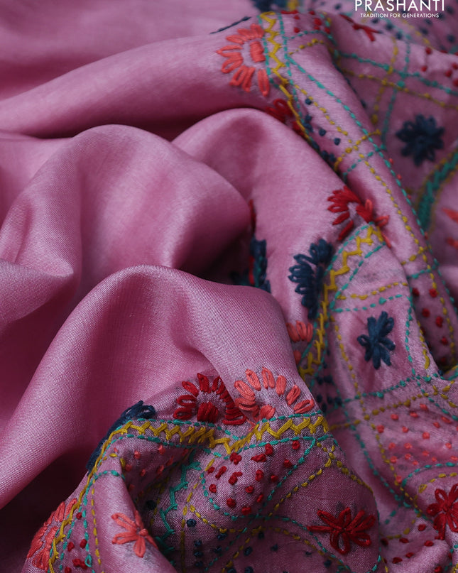 Pure tussar silk saree light pink with embrioidery work buttas and kantha stitch work pallu