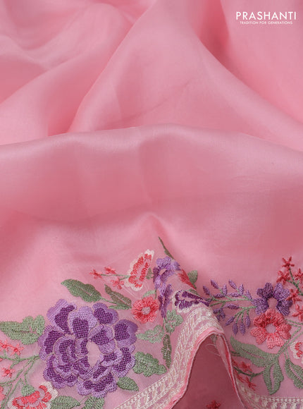 Pure organza silk saree light pink with plain body and floral design embroidery work border