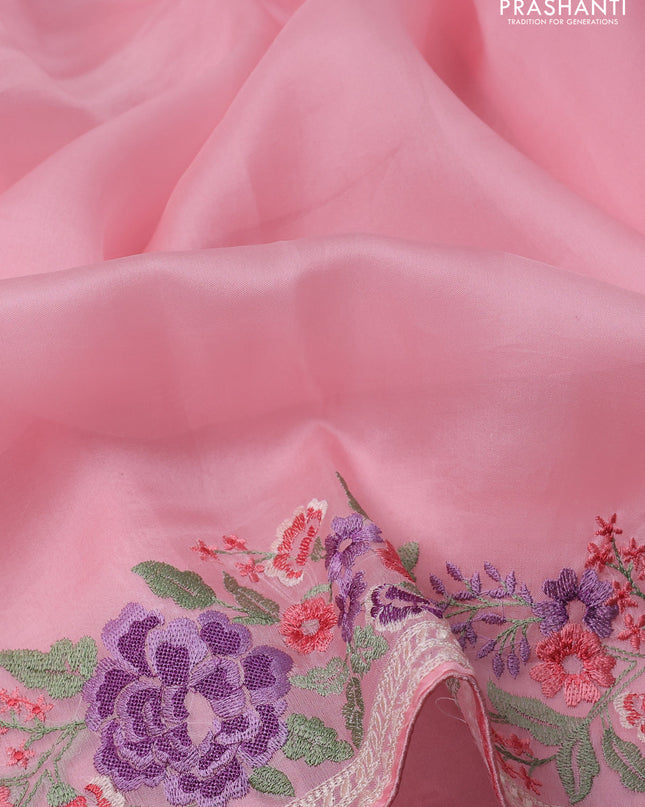 Pure organza silk saree light pink with plain body and floral design embroidery work border