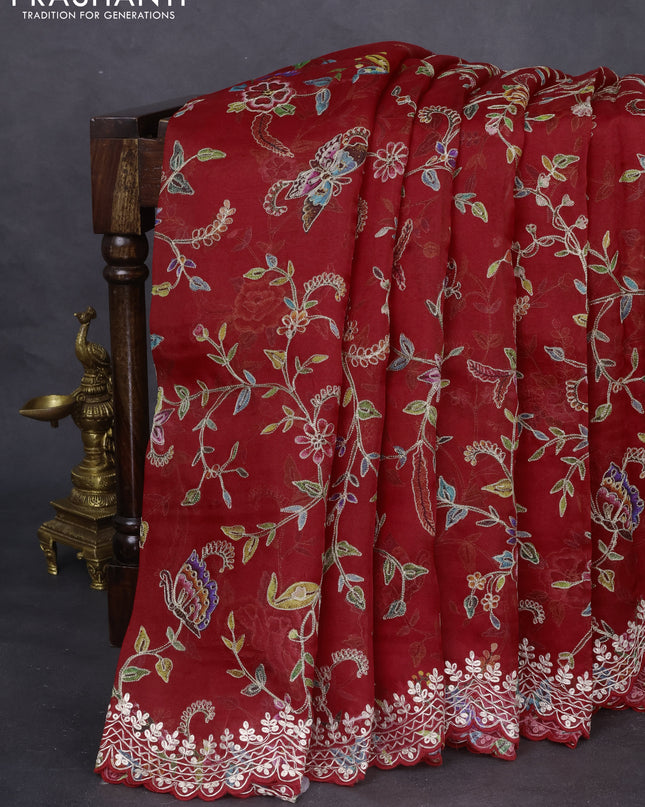 Pure organza silk saree red with allover prints & pita work and embroidery border