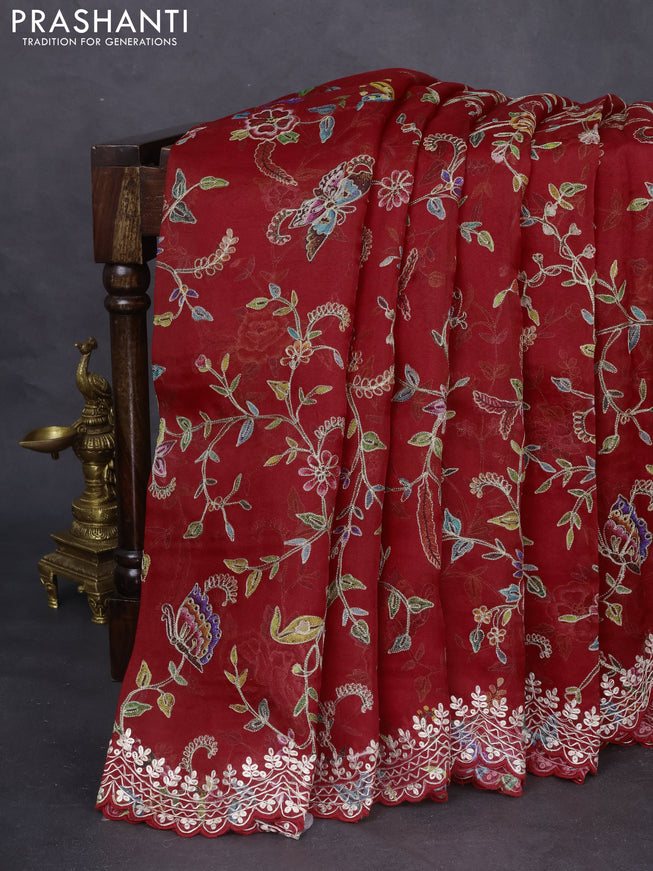 Pure organza silk saree red with allover prints & pita work and embroidery border