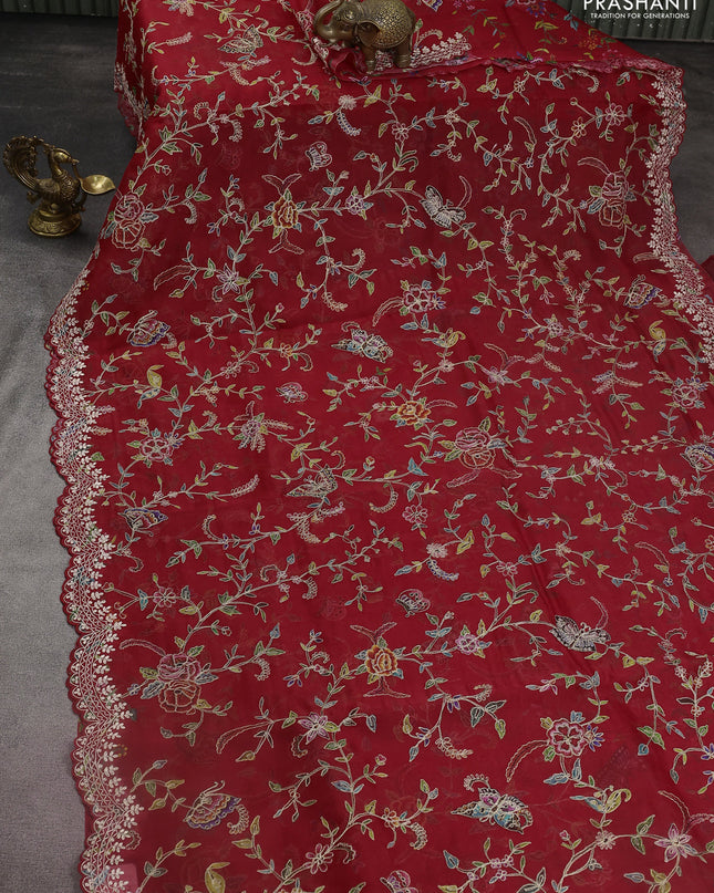 Pure organza silk saree red with allover prints & pita work and embroidery border