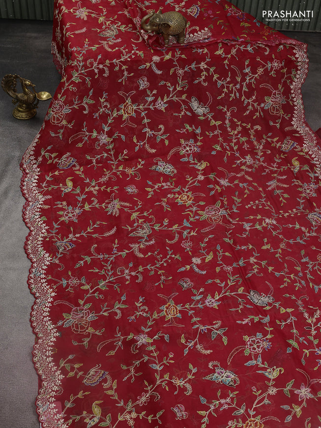 Pure organza silk saree red with allover prints & pita work and embroidery border