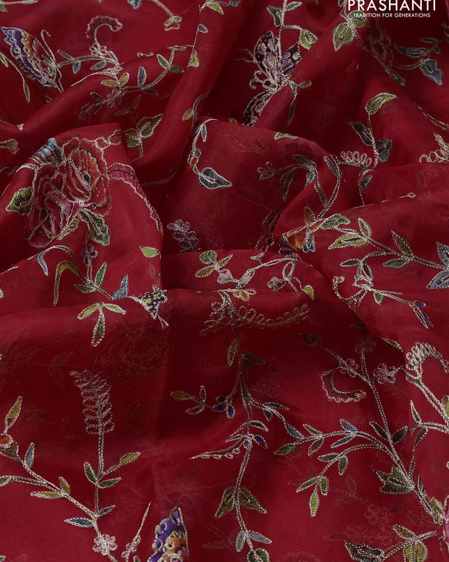 Pure organza silk saree red with allover prints & pita work and embroidery border