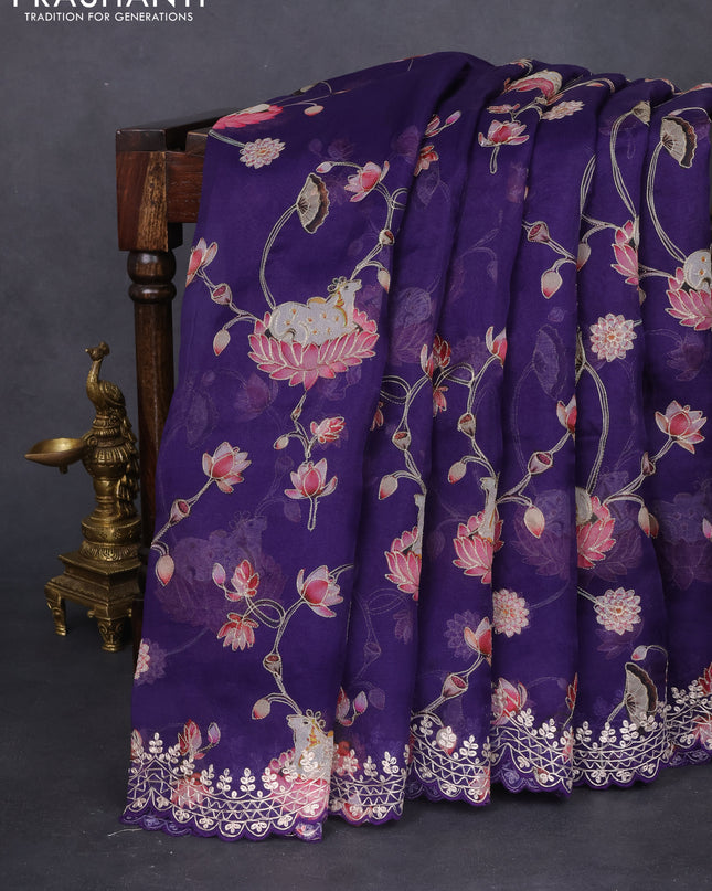 Pure organza silk saree blue with pichwai prints & pita work and embroidery border