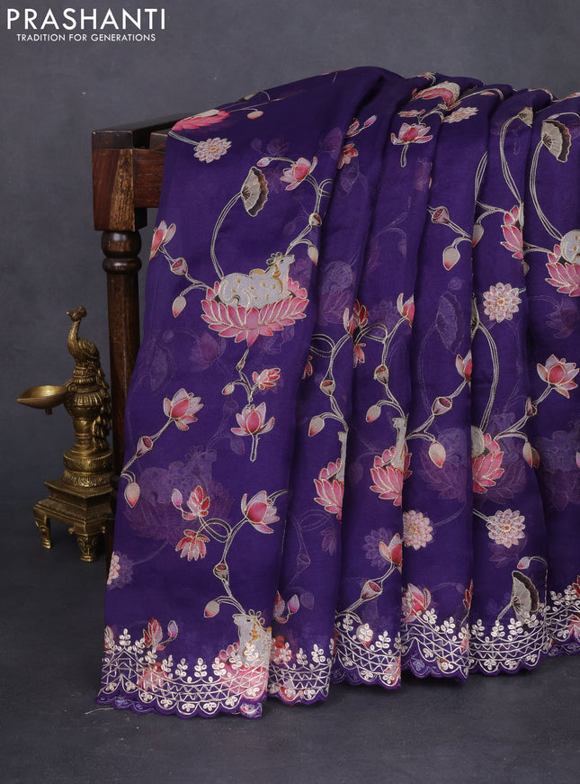 Pure organza silk saree blue with pichwai prints & pita work and embroidery border