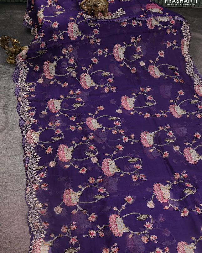 Pure organza silk saree blue with pichwai prints & pita work and embroidery border