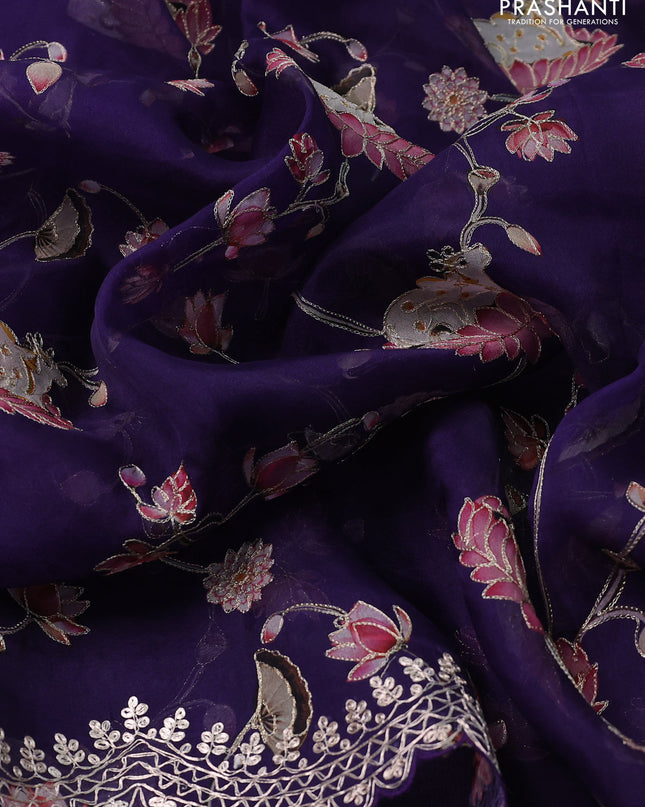 Pure organza silk saree blue with pichwai prints & pita work and embroidery border