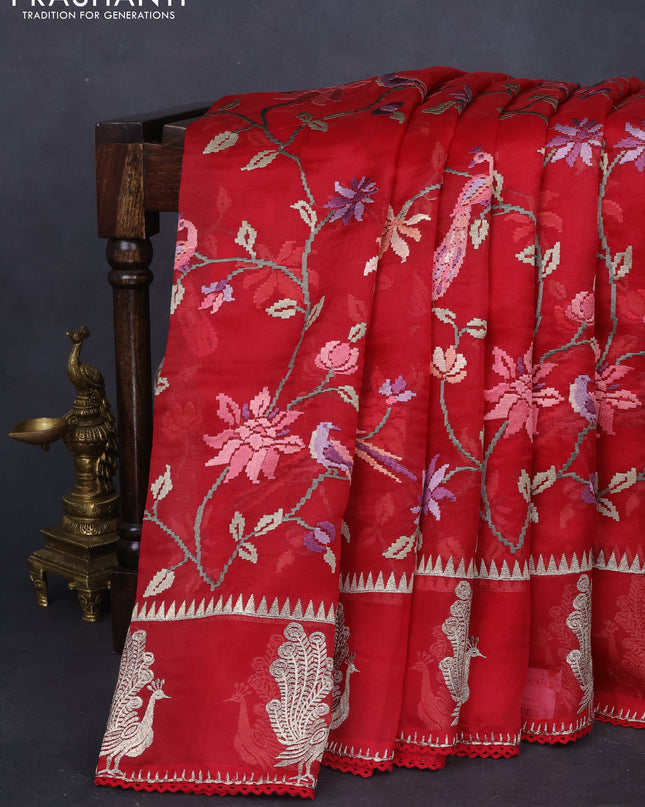 Pure organza silk saree maroon with allover embroidery and zari woven butta border